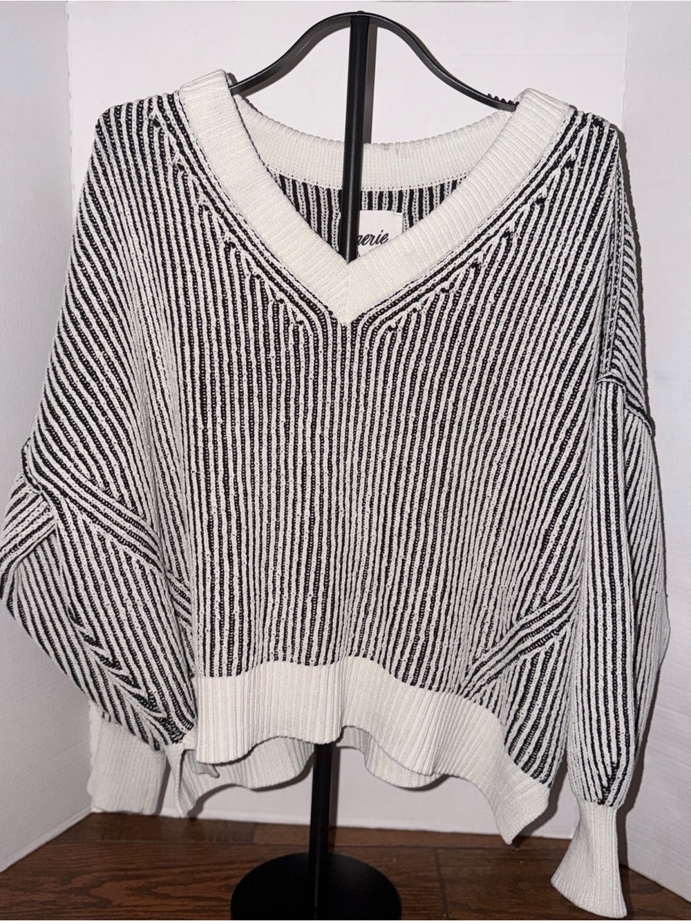 aerie Black & White Striped V-Neck Sweater